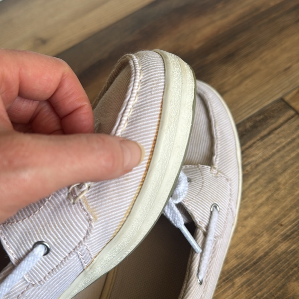 Eastland Women's “Skip” Slip-On, Tan/White Stripe Canvas Boat Shoes, Size 8 - Picture 6 of 6